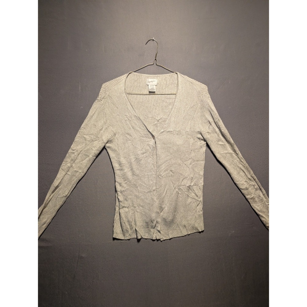 Jacqueline Ferrar Cardigan Sweater Womens Medium Gray Ribbed Knit Button Front